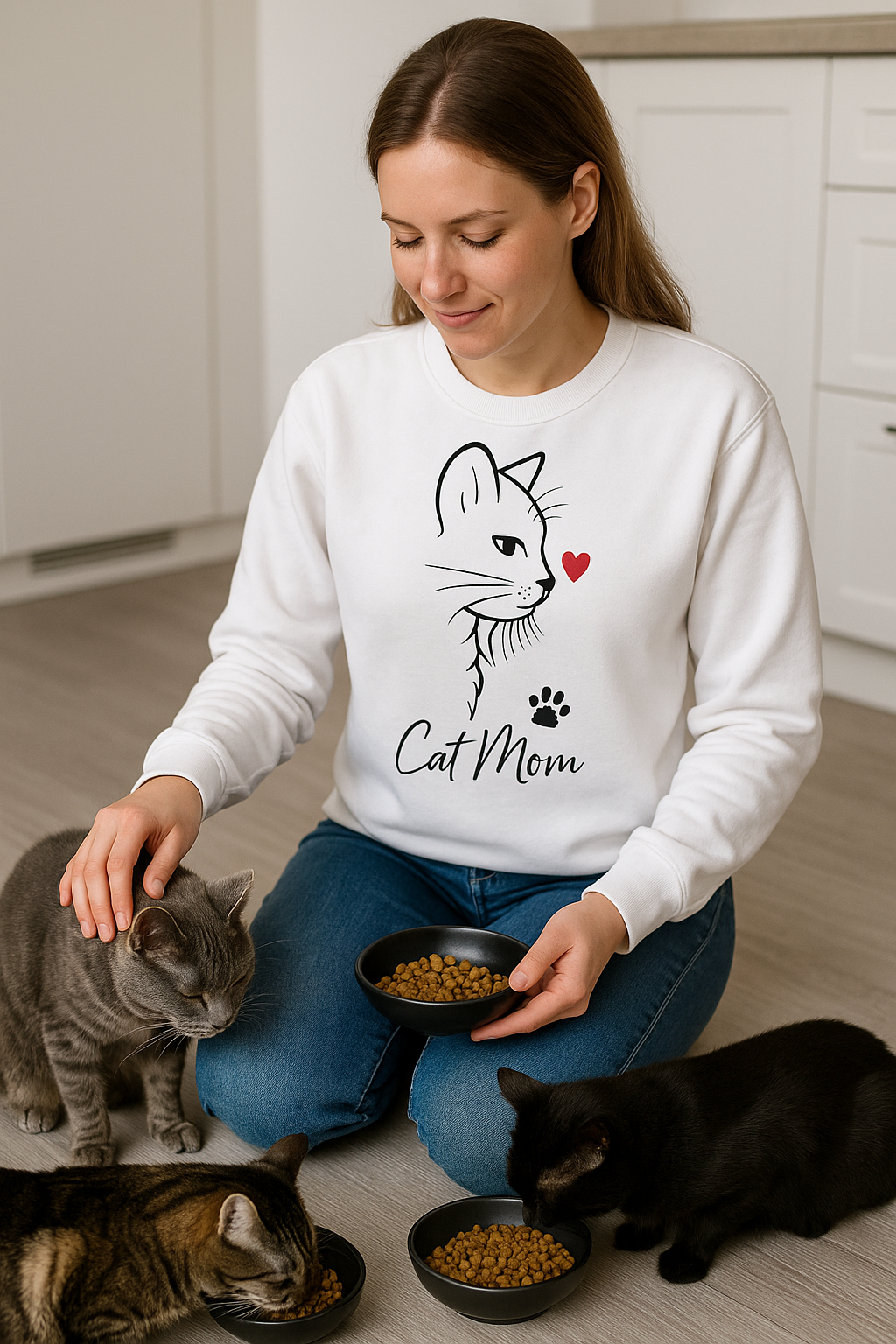 💗 Bluza 'Cat Mom',  Biała Typ Crewneck