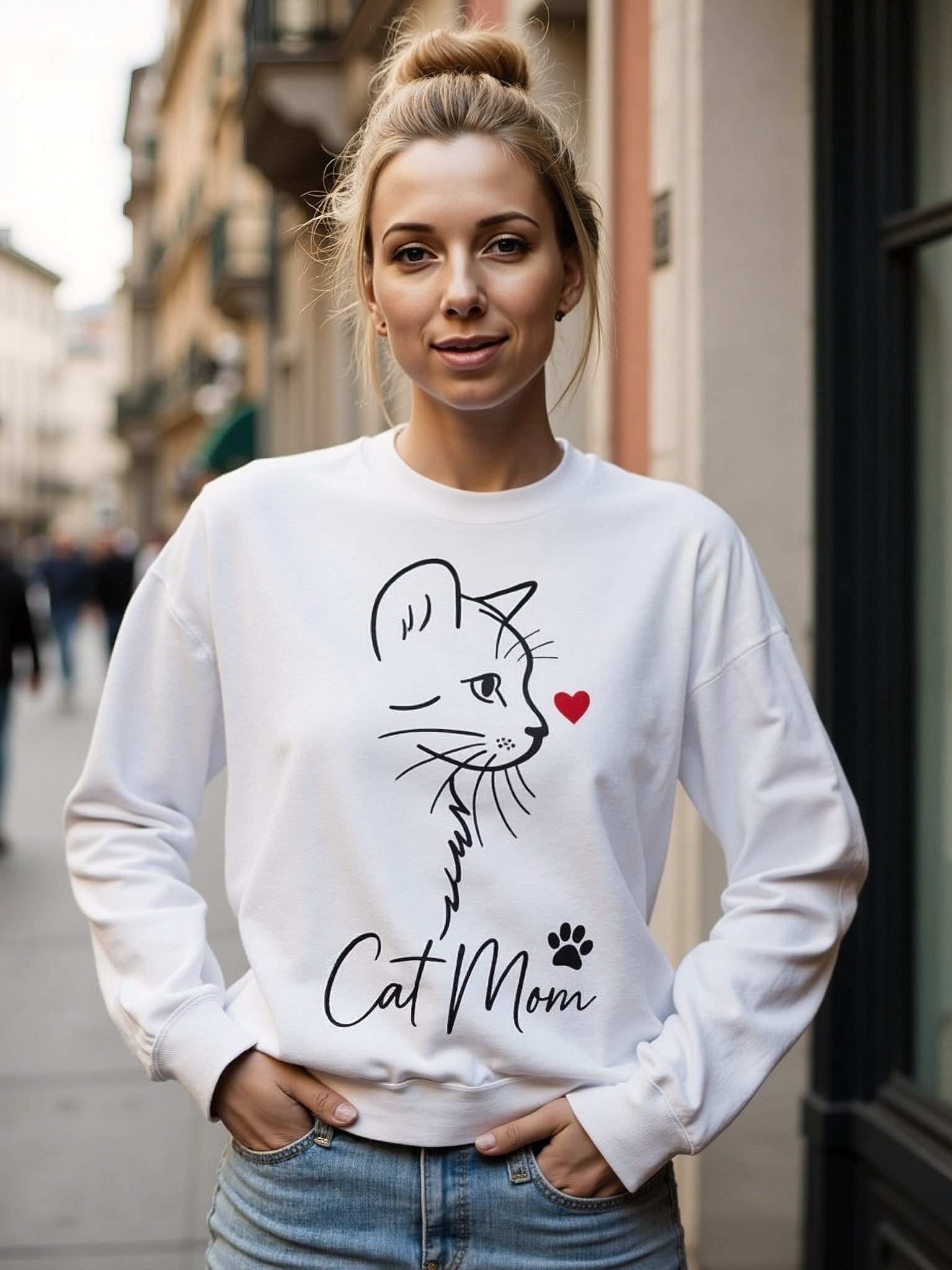 💗 Bluza 'Cat Mom',  Biała Typ Crewneck