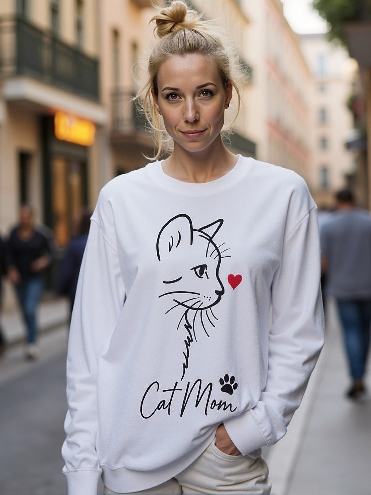 💗 Bluza 'Cat Mom',  Biała Typ Crewneck