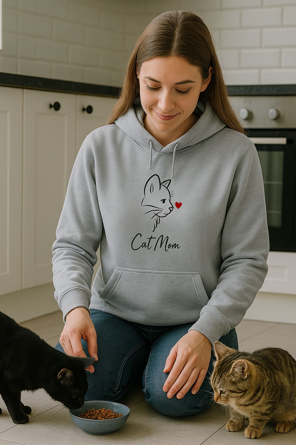 💗 Bluza 'Cat Mom',  Szara z kapturem
