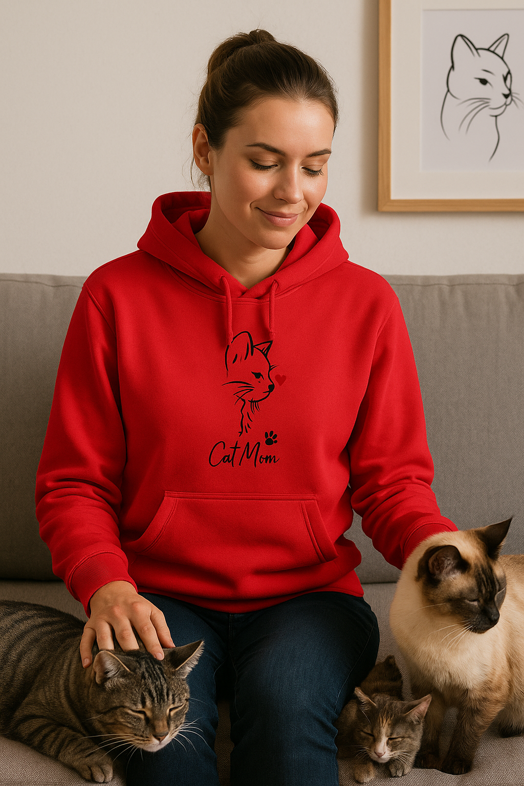 💗 Bluza 'Cat Mom',  Czerwona z kapturem
