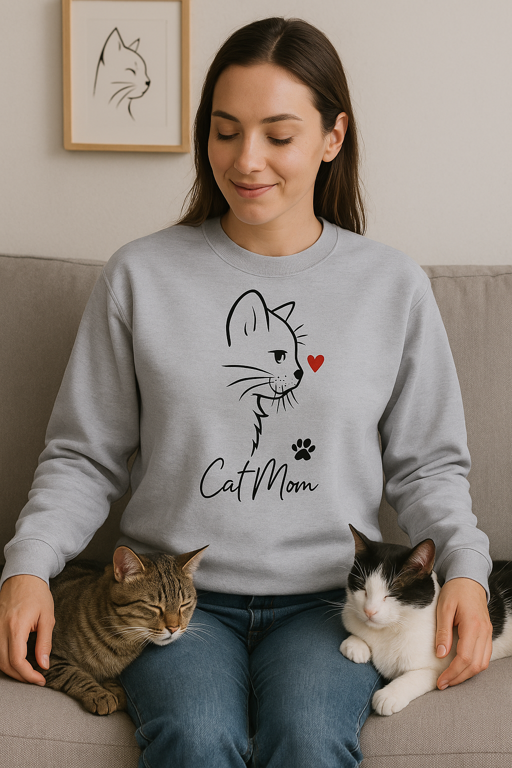 💗 Bluza 'Cat Mom',  Szara Typ Crewneck