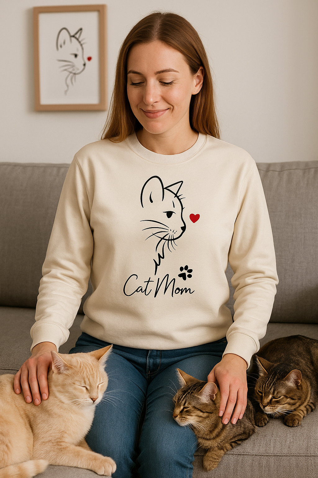 💗 Bluza 'Cat Mom',  Piaskowa Typ Crewneck